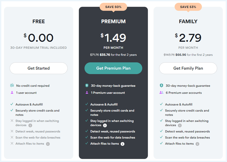Pricing of NordPass subscriptions as shown on the NordPass website
