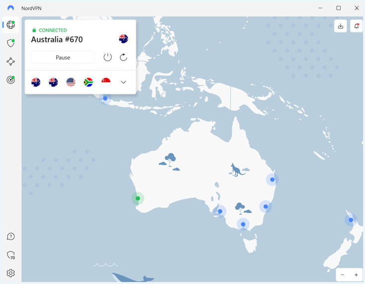 NordVPN app connected to a server in Australia