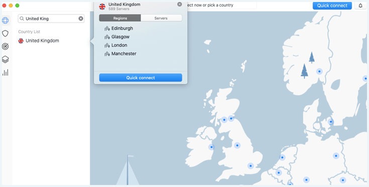 NordVPN's macOS app showing servers in the UK
