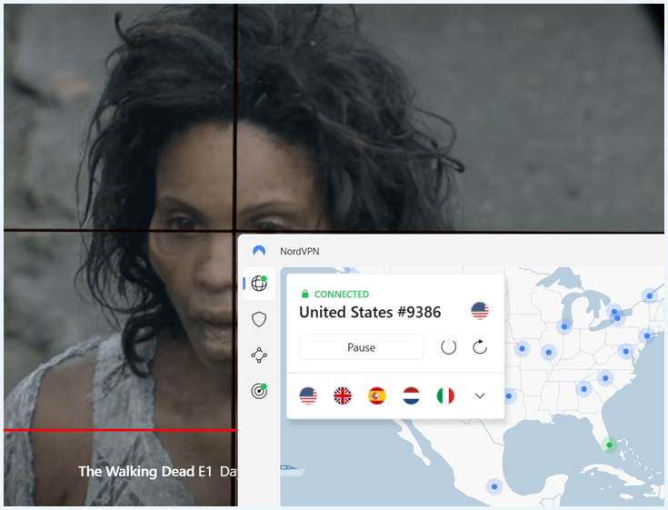 NordVPN app connected to a server in the US with a working Netflix stream of The Walking Dead in the background