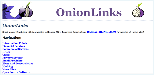 Screenshot of OnionLinks homepage