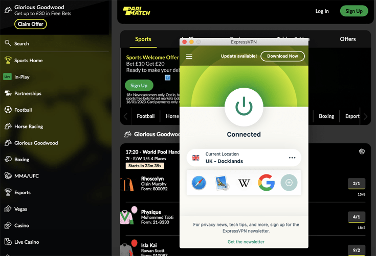 ExpressVPN connected to a VPN server in the United Kingdom with Parimatch working in the background