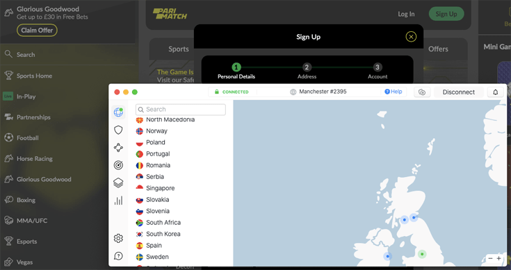 NordVPN connected to a VPN server in the United Kingdom with the Sign Up page of Parimatch working in the background
