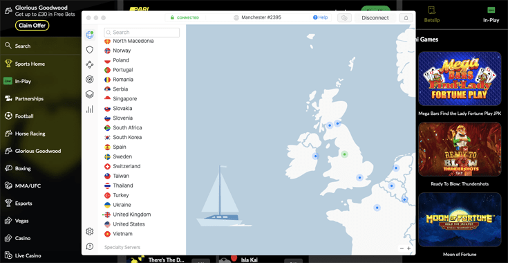 NordVPN connected to a VPN server in the United Kingdom with Parimatch working in the background