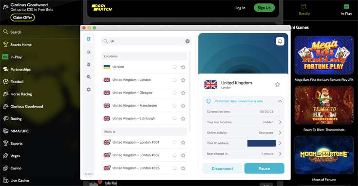 Surfshark connected to a VPN server in the United Kingdom with Parimatch working in the background