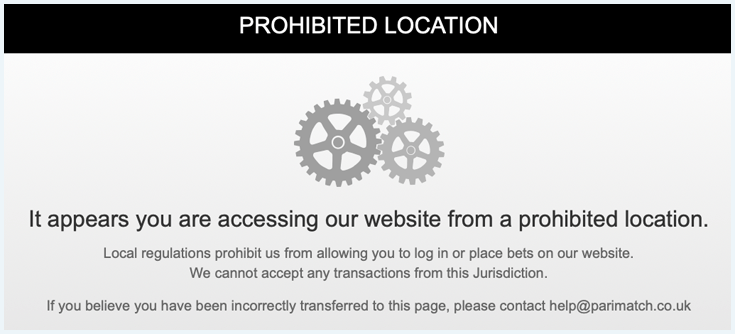 The message It appears you are accessing our website from a prohibited location on Parimatch when visiting from a prohibited location