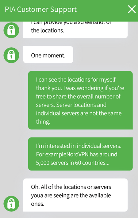 Screenshot of PIA, customer support chat