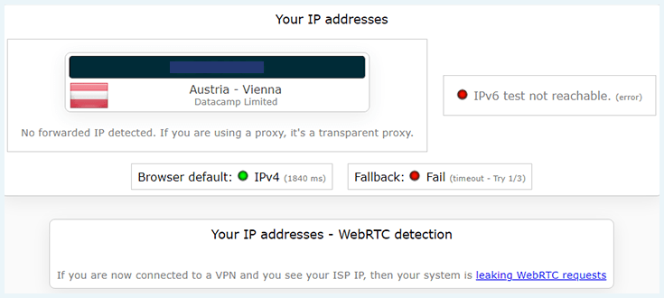 Screenshot of PIA IP leak test