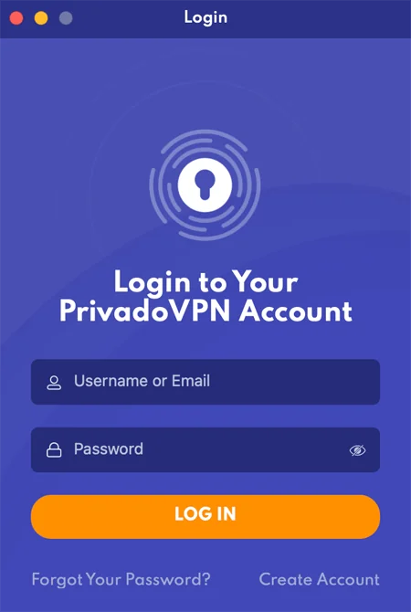 Login screen of PrivadoVPN's app
