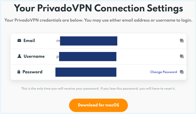 PrivadoVPN's connection settings page with login info blurred