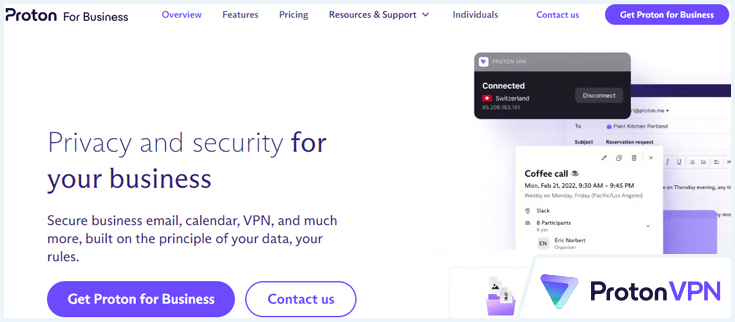 ProtonVPN for business page on the ProtonVPN website