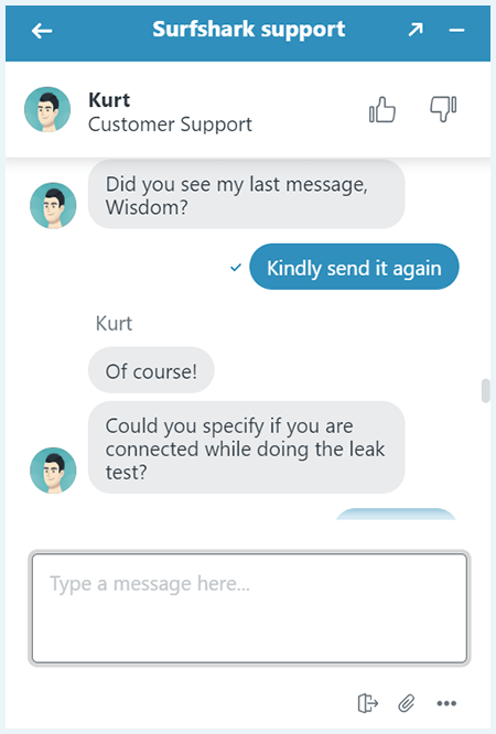 Screenshot of Surfshark, live chat