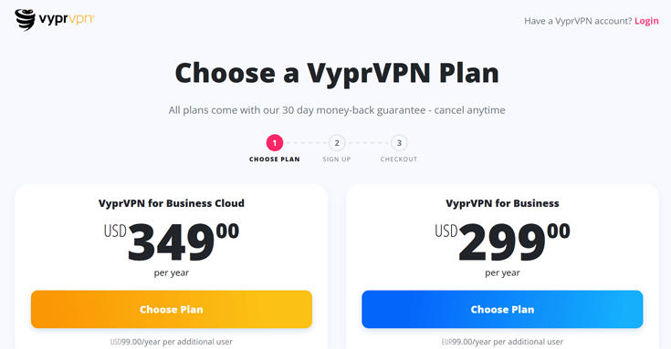 VyprVPN for business page on the VyprVPN website with the subscription plans showing