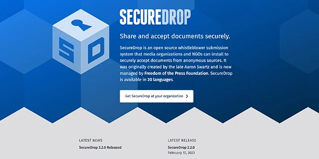 Screenshot of Onion link page SecureDrop