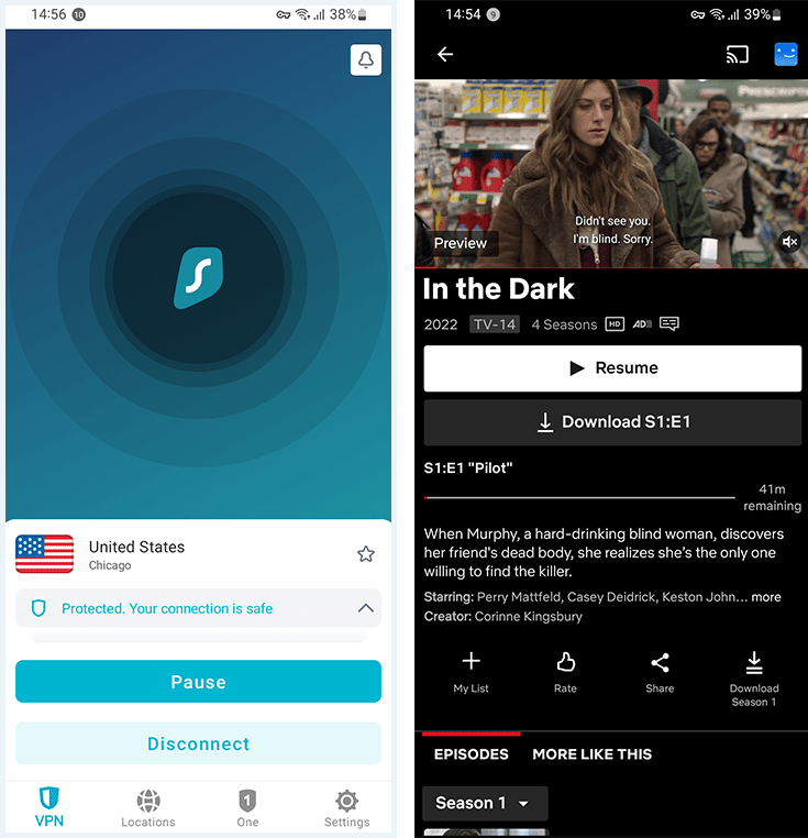 Screenshots of Surfshark and Netflix on Android