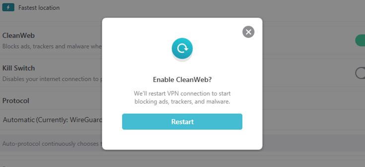 Screenshot of Surfshark, enable CleanWeb