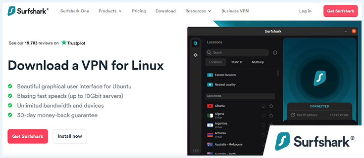 Download a VPN for Linux website page, Surfshark