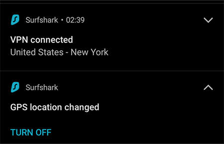 Screenshot of Surfshark, notification, GPS location changed