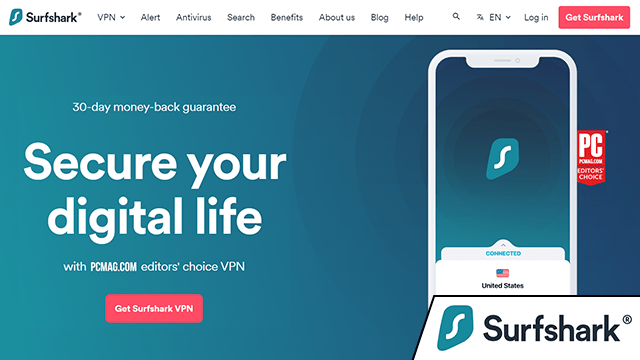 Surfshark VPN provider website homepage with added logo to the corner