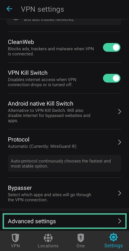 Screenshot of Surfshark, VPN settings