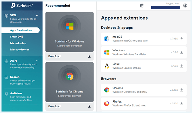 Screenshot of Surfshark website Dashboard, Apps and extensions window