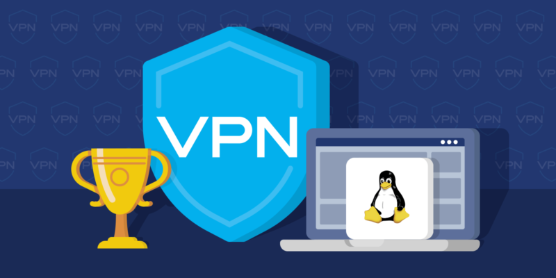 Trophy, VPN shield icon, computer and Linux logo on a dark background