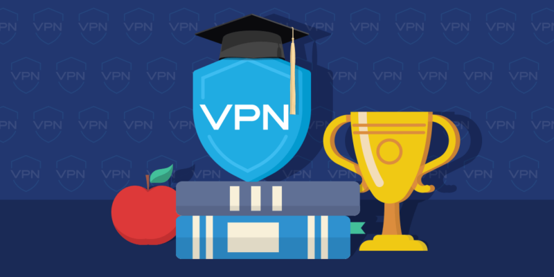 Red apple, VPN shield icon with graduation cap, standing on two books with a trophy next to them on a dark background