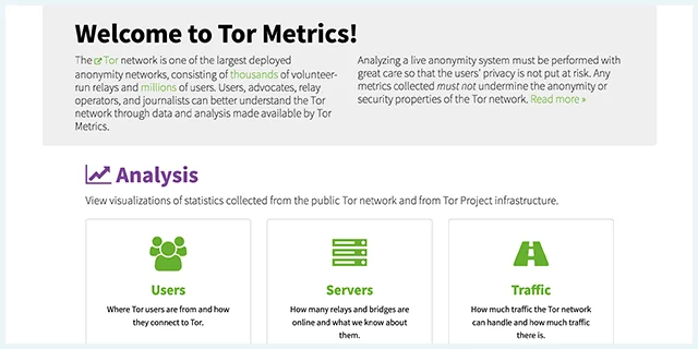 Screenshot of Onion link page Tor Metrics