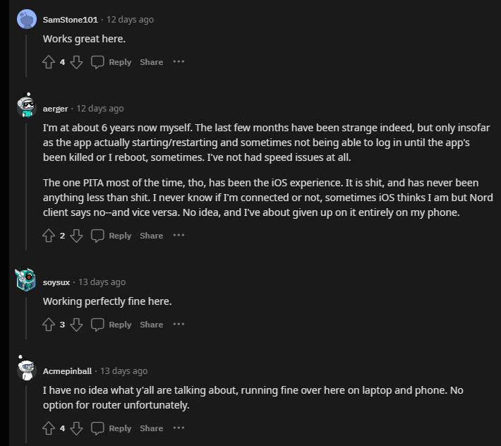 Screenshot of Reddit comments on r/nordvpn talking about how NordVPN works for the users