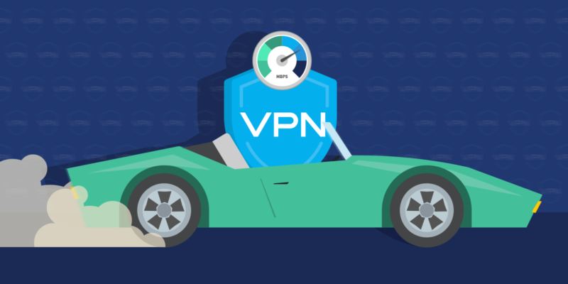 VPN shield icon driving a fast car