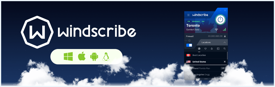 Banner with the Windscribe logo and supported operating systems