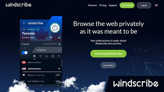 Screenshot of Windscribe, website homepage with added logo in the corner