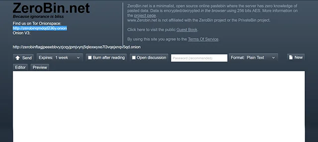 Screenshot of ZeroBin homepage